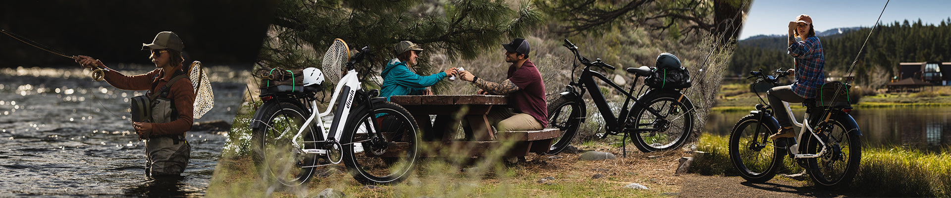 Person fly fishing in a river, couple sitting at a picnic bench with bikes nearby, woman on an electric bike by a lake.