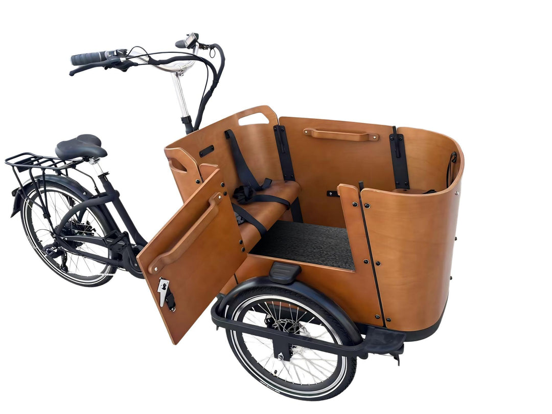Cargo bike with a an open side door on a white background