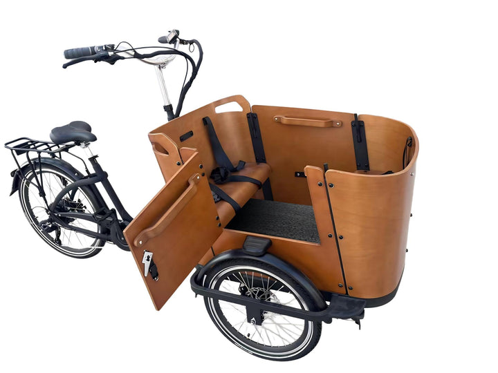 Cargo bike with a an open side door on a white background
