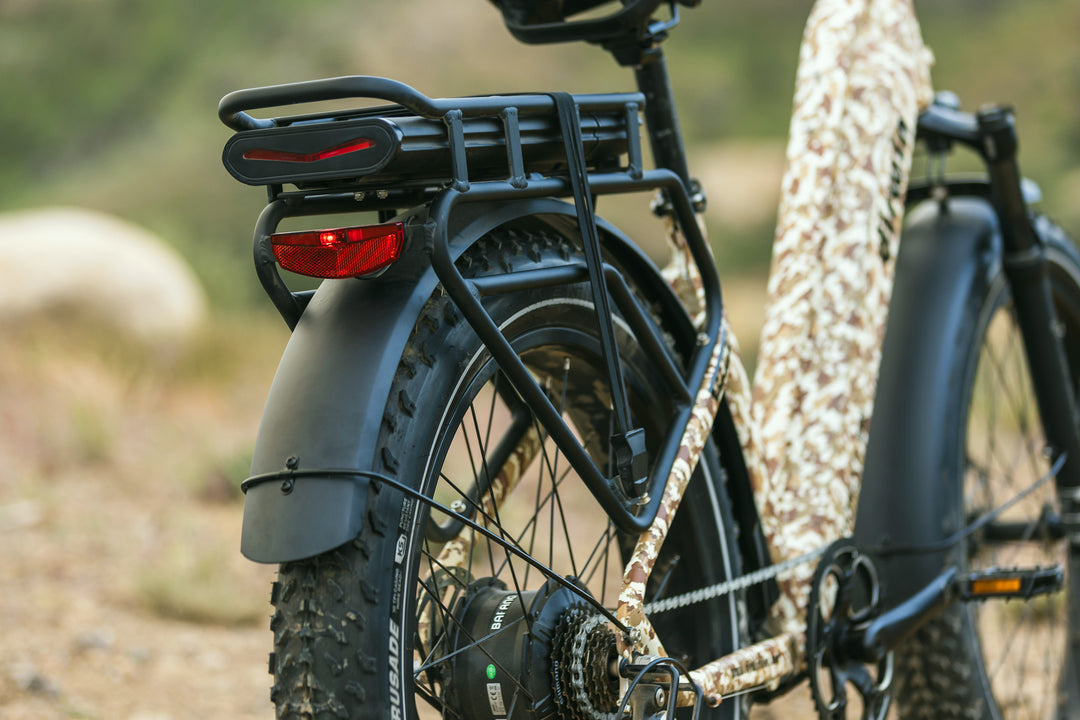 Dirwin Pioneer Plus Fat Tire Electric Bike offroad desert camouflage view of rear rack and battery
