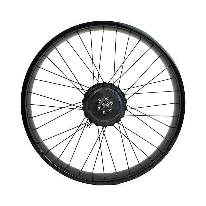 Bicycle wheel with a black rim and spokes, isolated on a white background.