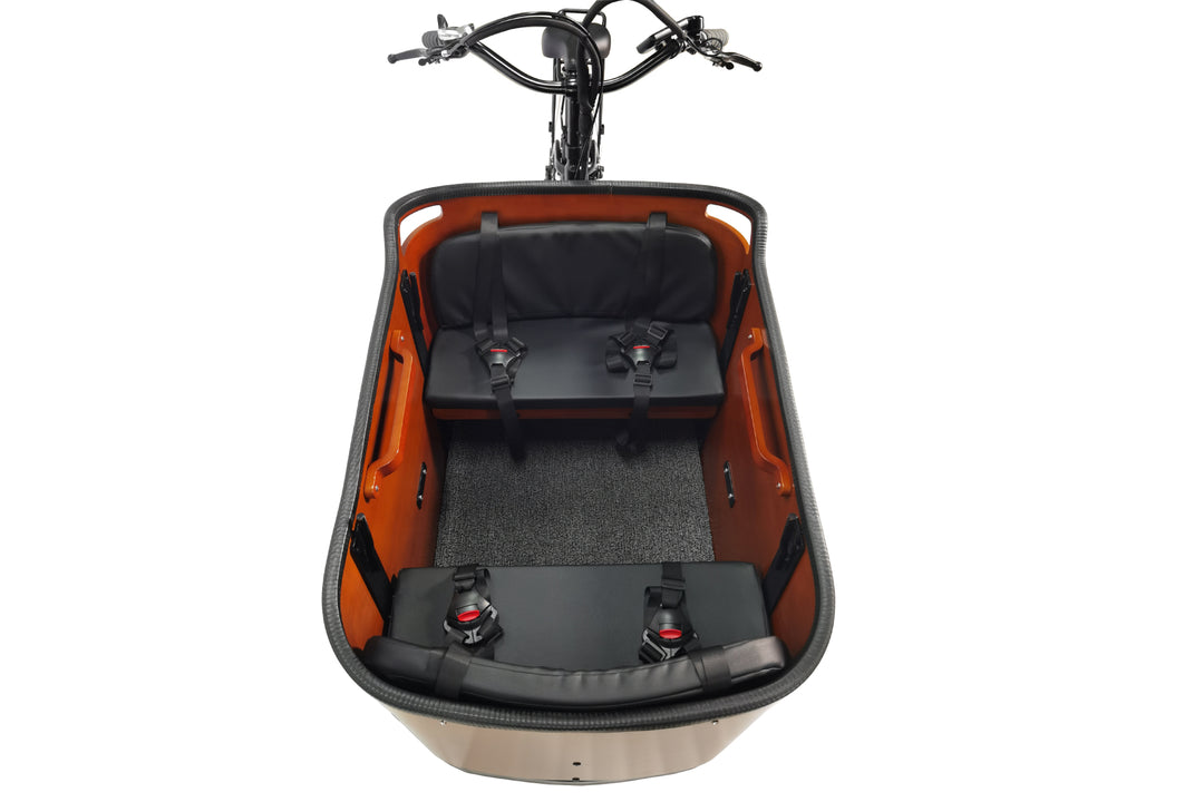 top view electric cargo bike with wooden storage box and black frame by Dirwin.