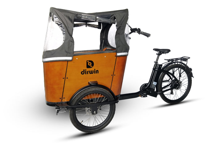 left side view electric cargo bike with wooden storage box and black frame by Dirwin.