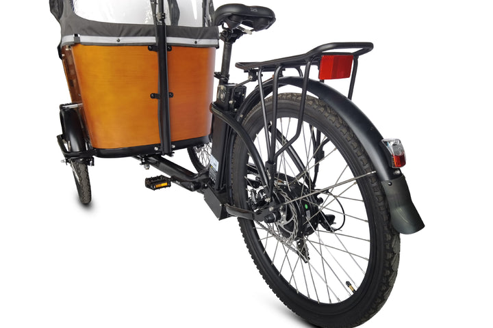 rear wheel view electric cargo bike with wooden storage box and black frame by Dirwin.