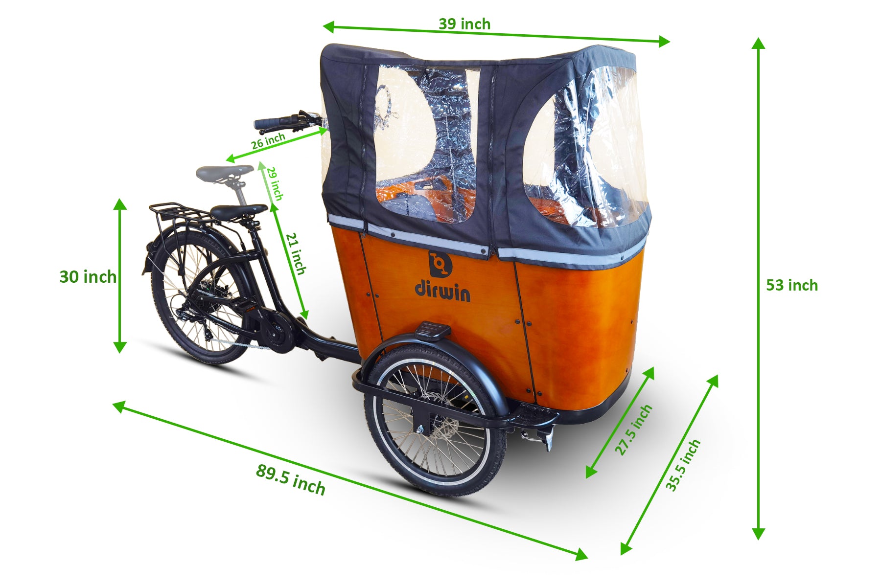 Electric cargo bike with canopy, measurements labeled, 89.5 inches long, 39 inches wide, 53 inches high, front cargo area, orange and black design, labeled Dirwin.