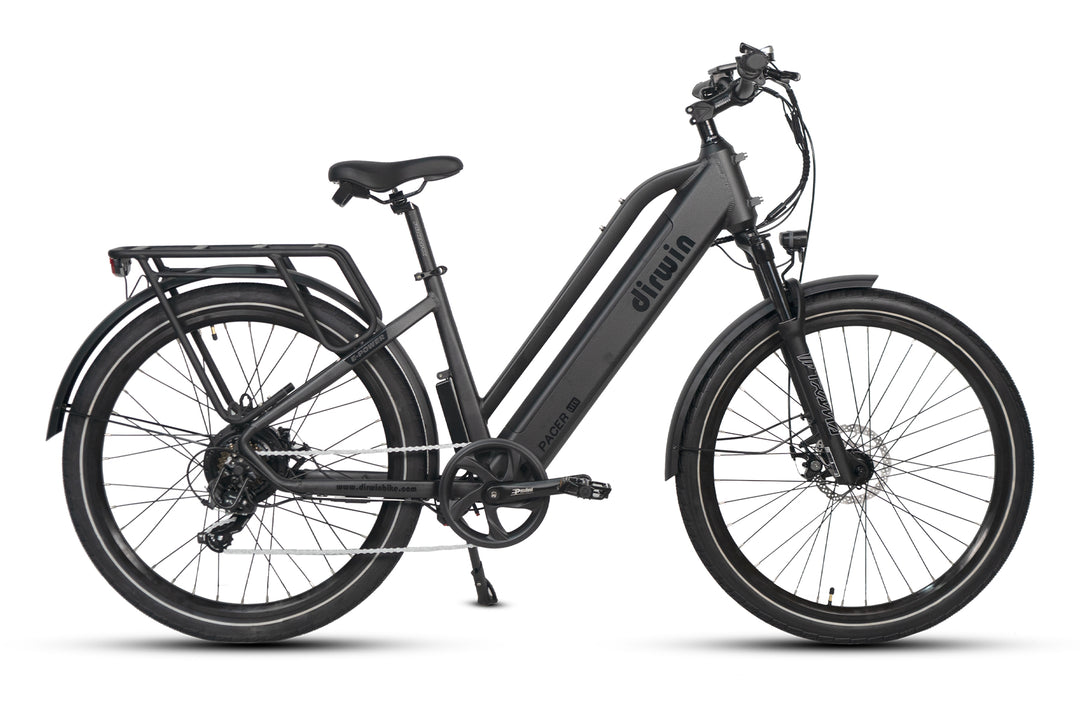 Electric bike with black frame and tires, featuring a step-through design and rear luggage rack.