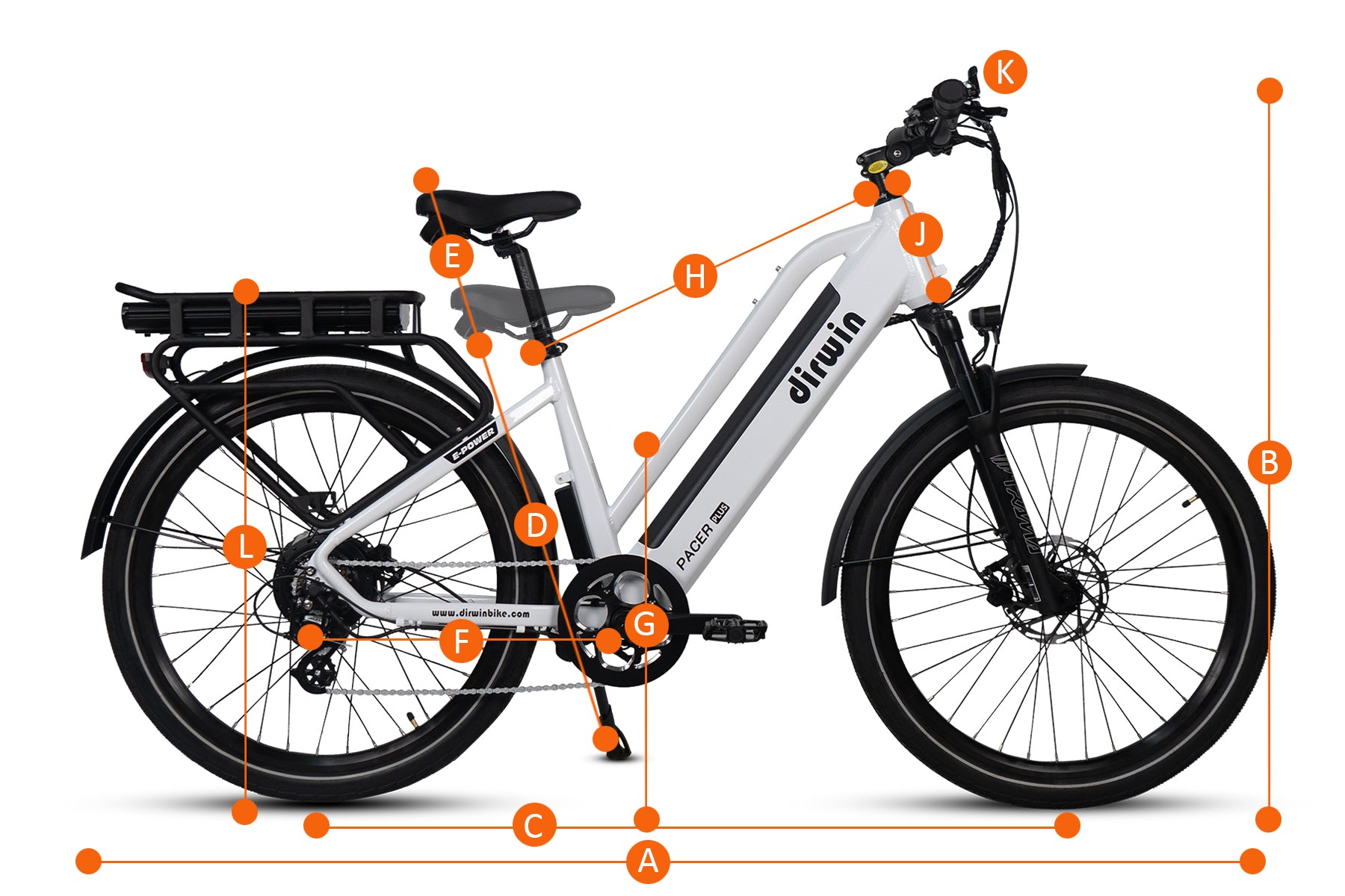White electric bicycle with labeled parts including seat, battery, frame, wheels, pedals, chain, handlebars, and brakes, highlighting features of the Dirwin Pacer model.