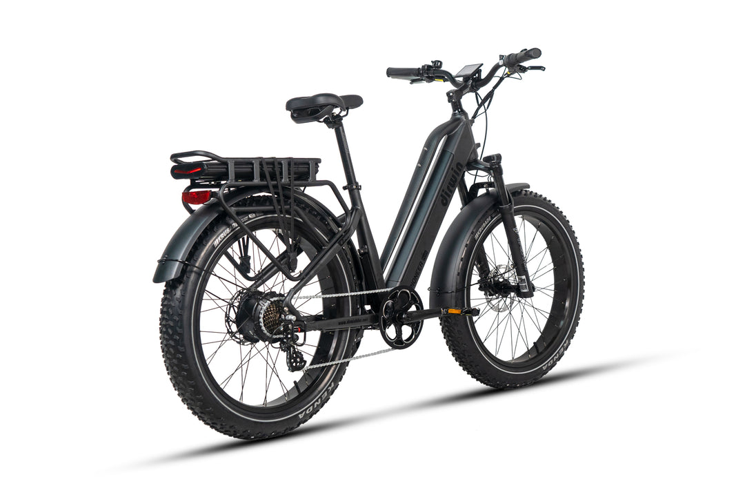Dirwin Pioneer Plus Fat Tire Electric Bike black right rear angle view