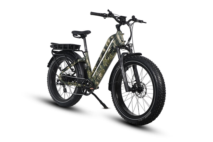 Dirwin Pioneer Plus Fat Tire Electric Bike right angle view green camo color