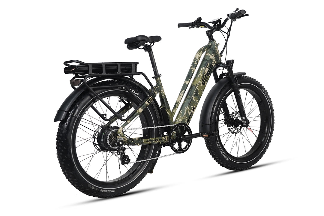 Dirwin Pioneer Plus Fat Tire Electric Bike green camo color right rear angle view
