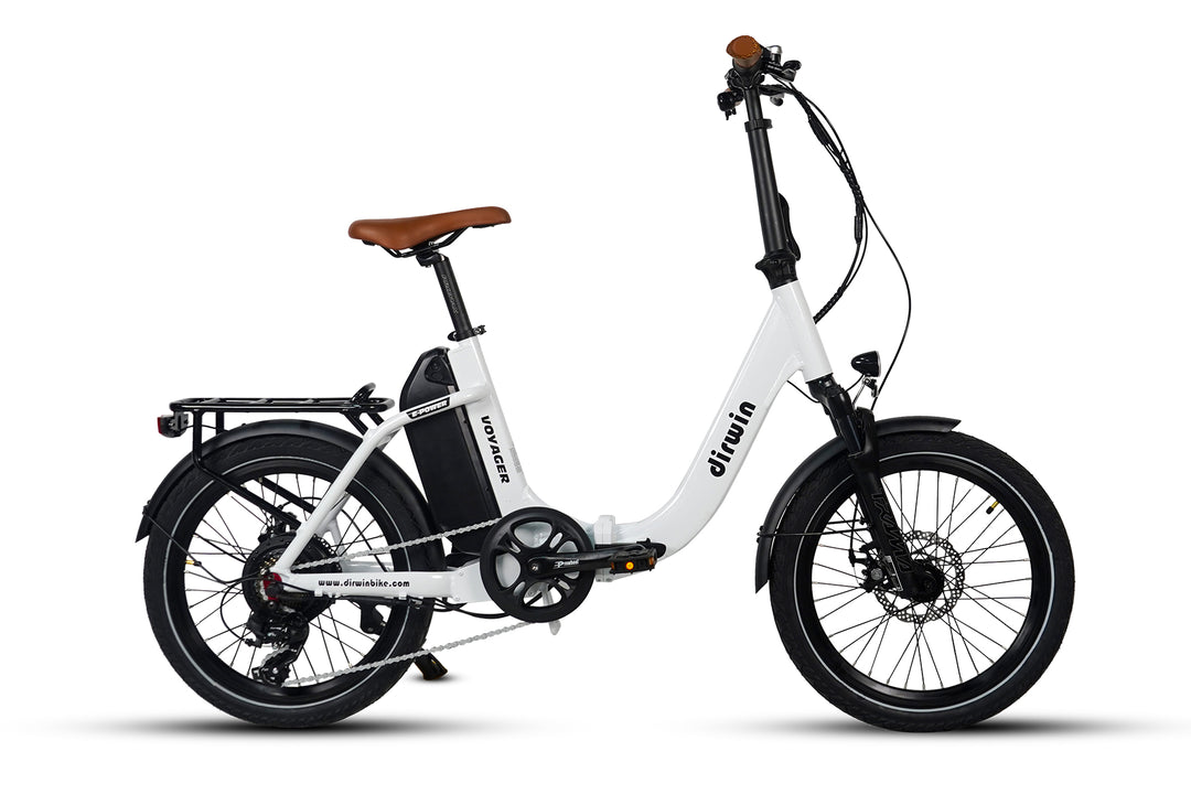 Dirwin Voyager foldable electric bike white right side view brown seat folding