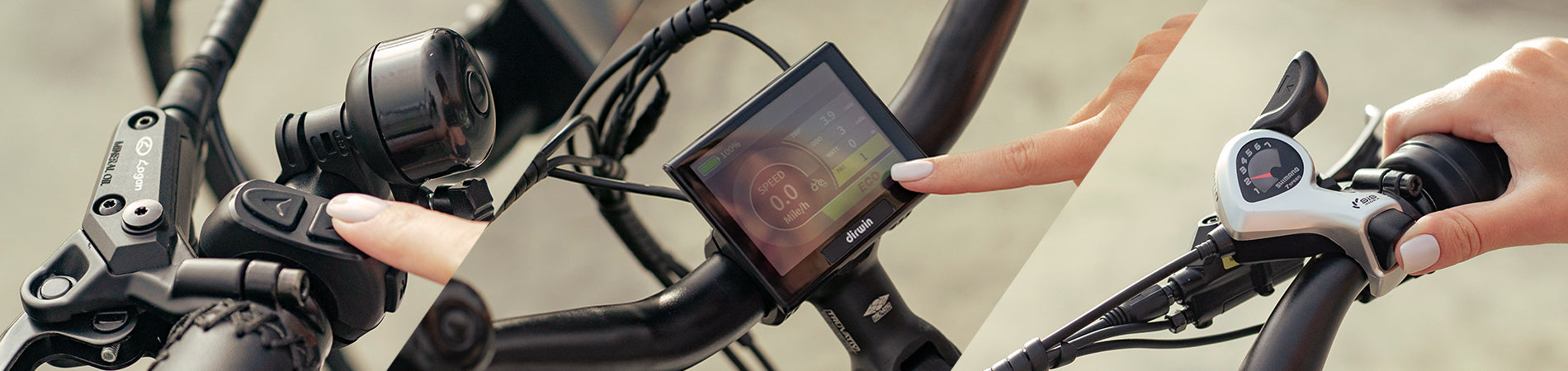 Close-up of hands operating an electric bike display and gear controls, showcasing speed, eco mode, and braking system.