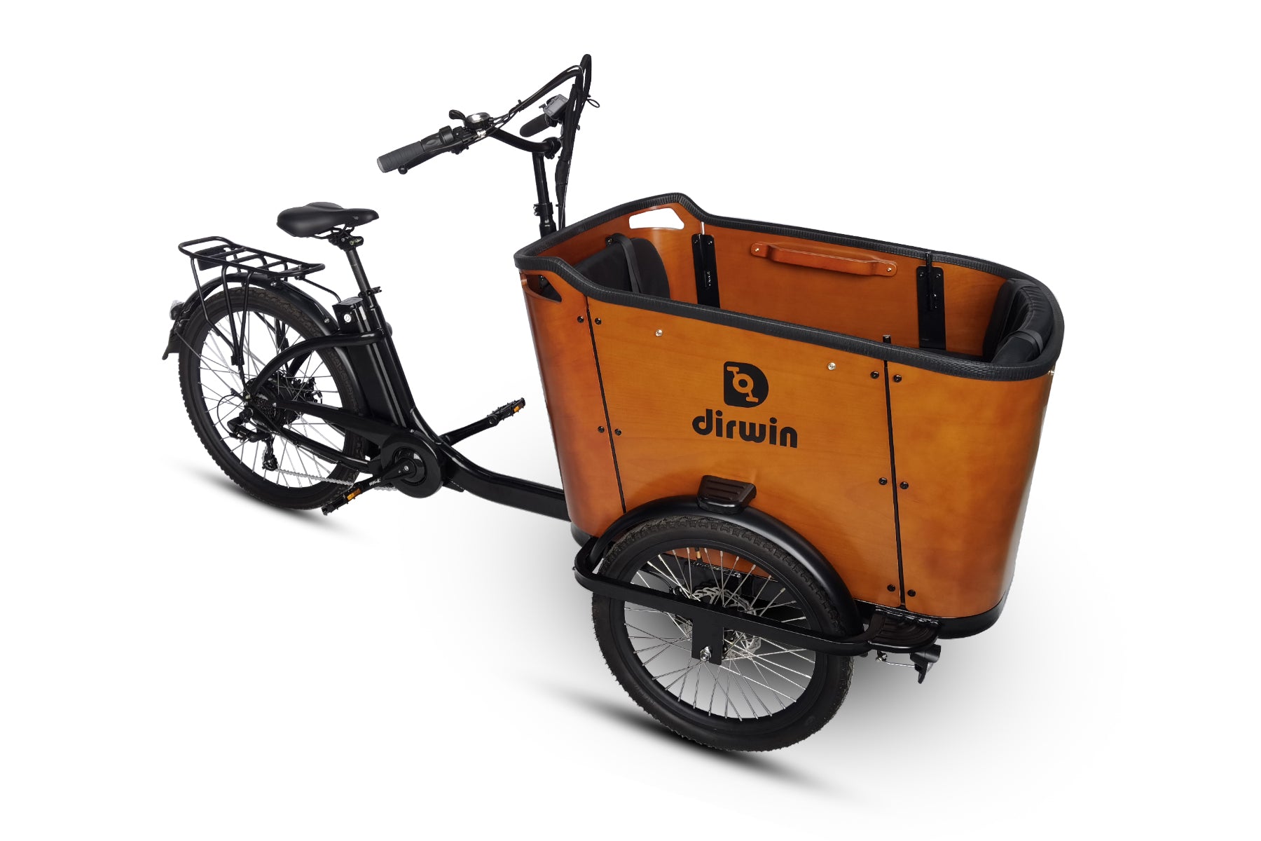 right side view electric cargo bike with wooden storage box and black frame by Dirwin.