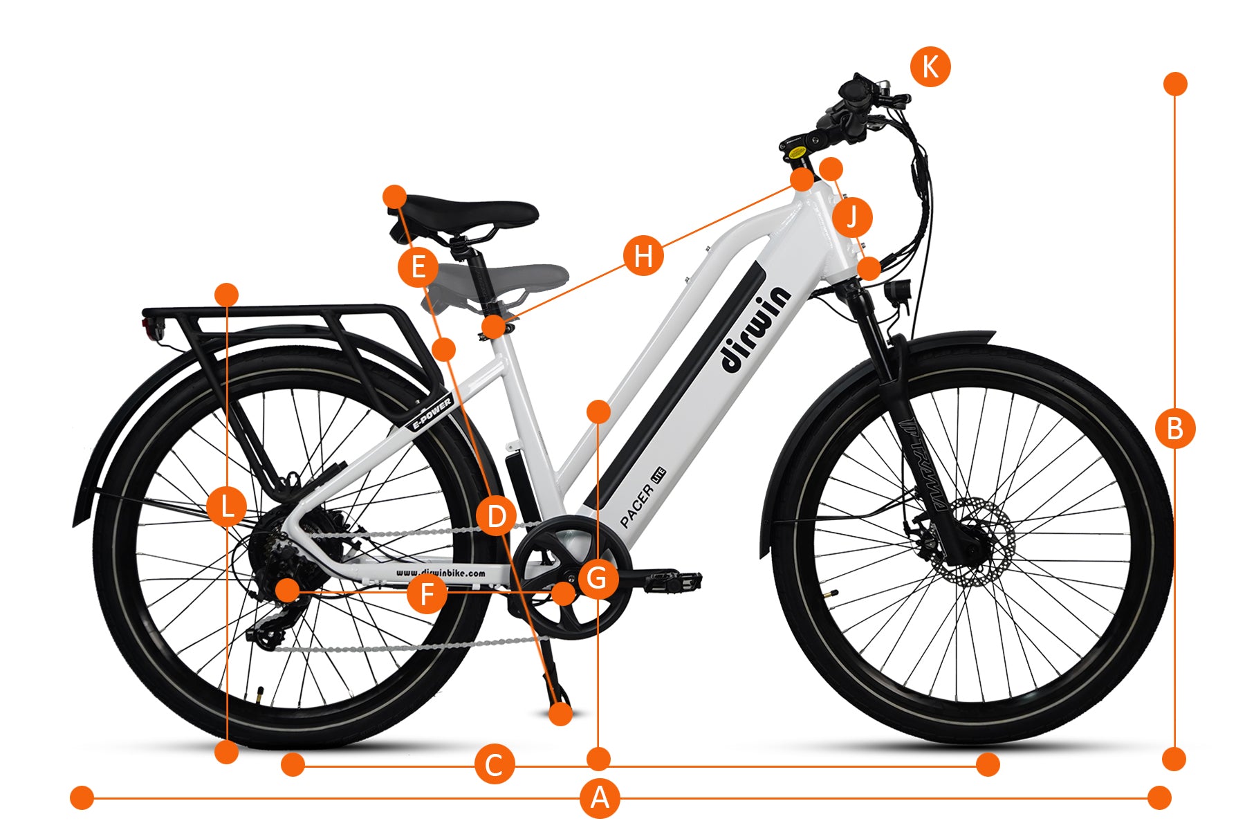 White Dirwin Pacer electric bike side view with labels highlighting features such as the frame, wheels, motor, pedals, chain, and handlebars.