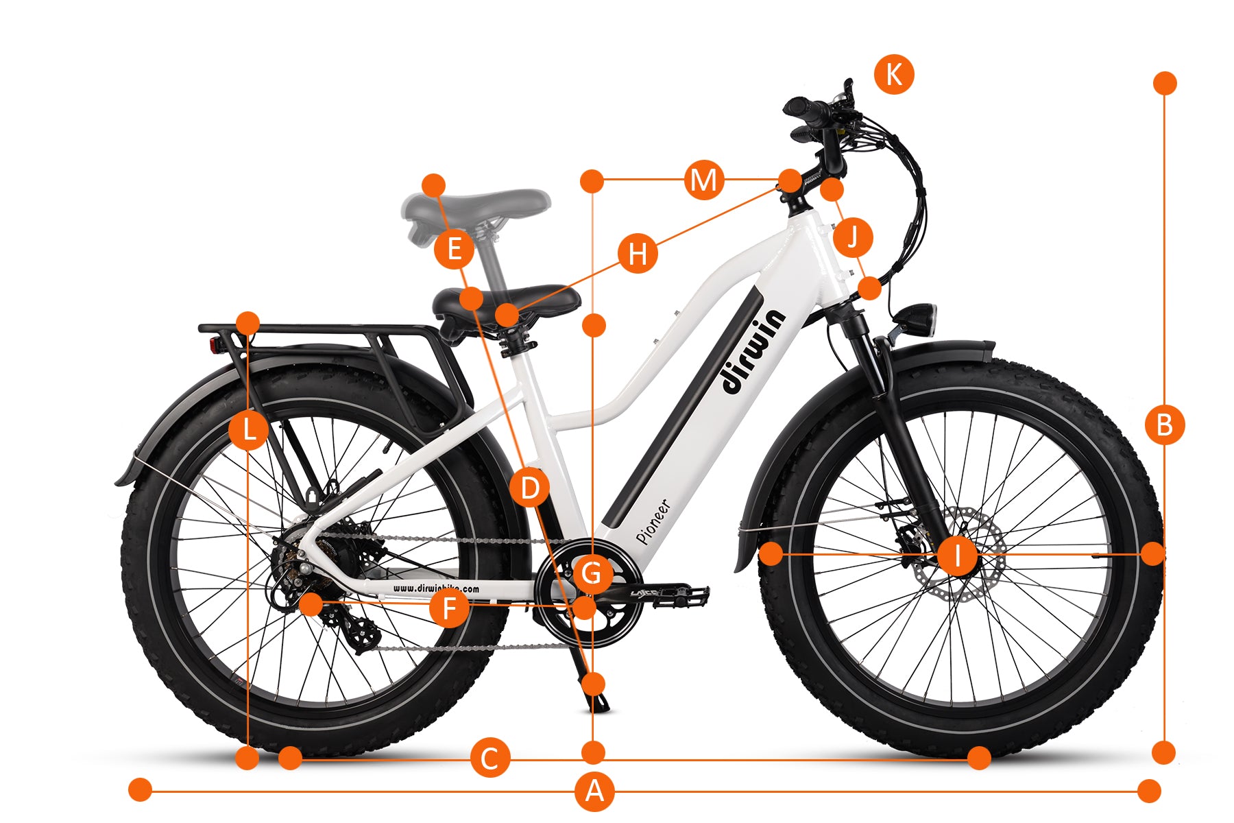 White Dirwin Pioneer electric bike side view, highlighting features including frame, wheels, battery, seat, and handlebars with labeled points for detailed specifications.