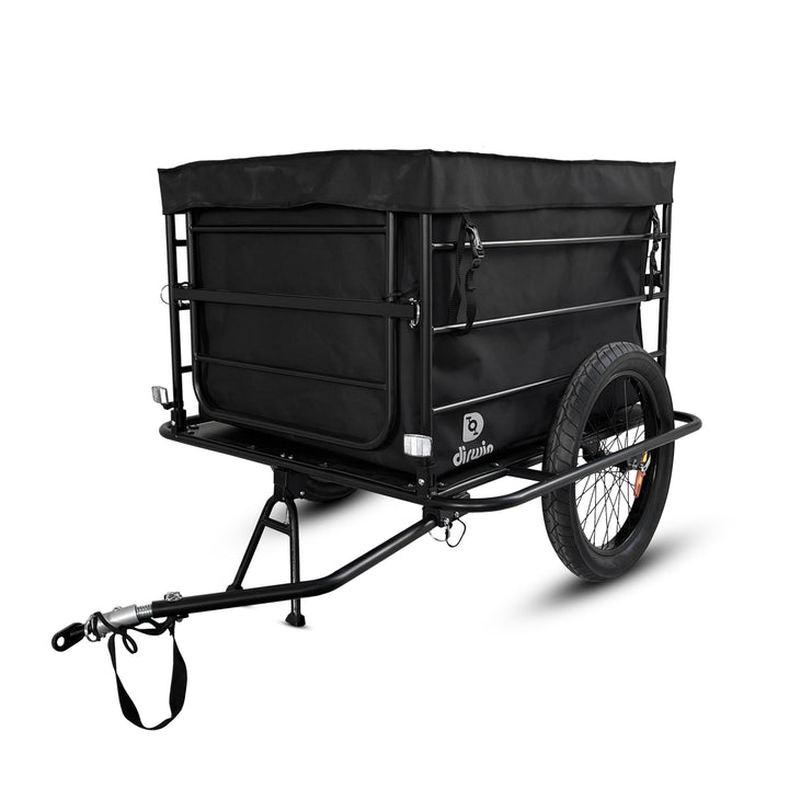Black cargo bike trailer with sturdy frame and two wheels, designed for easy transportation and storage.