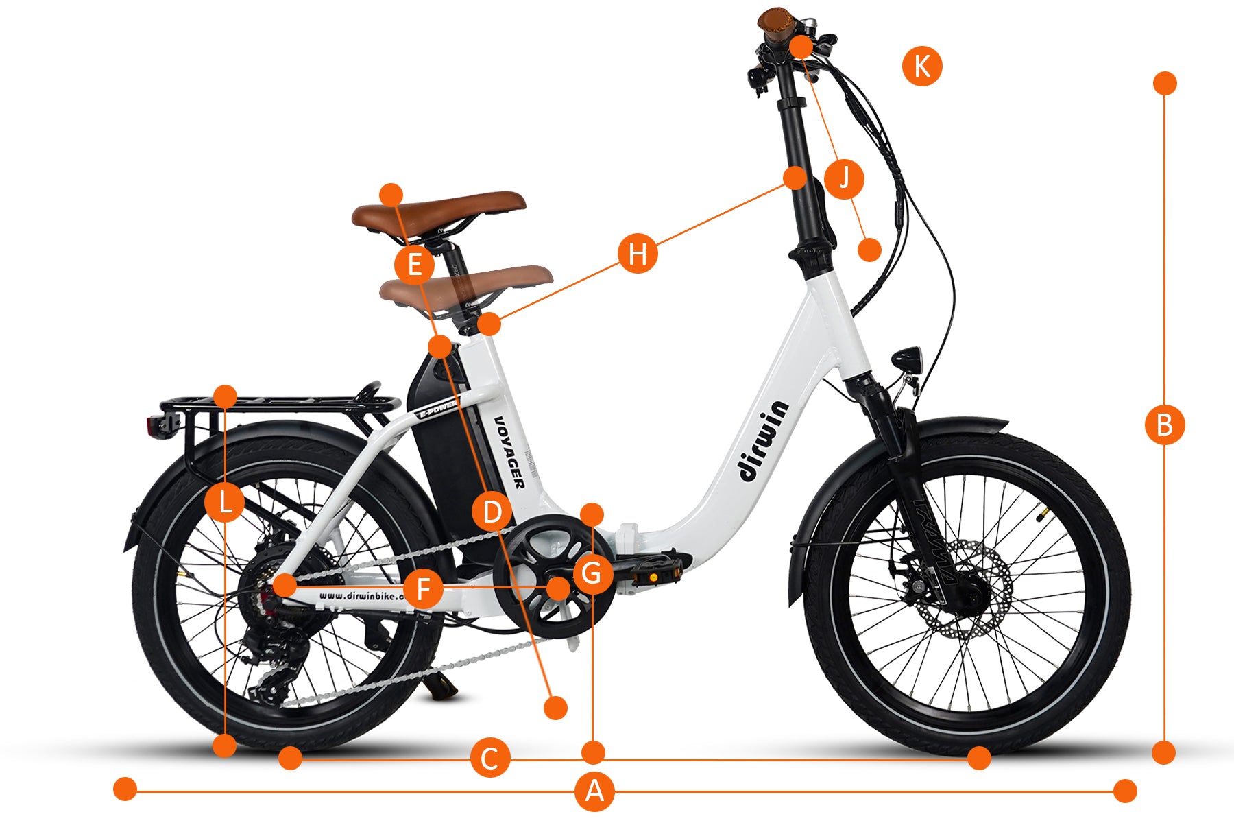 White Dirwin Voyager electric bike side view with detailed parts labeled, including brown leather seat, battery, pedals, tires, handlebars, and rear rack system.