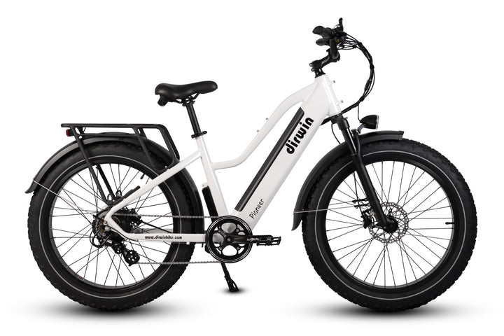 Dirwin Pioneer Step-thru Fat Tire Electric Bike white right side view