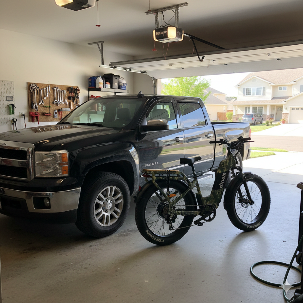 dirwin electric bike in garage with truck