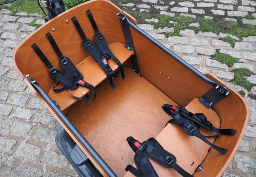 wooden cargo bike compartment with safety harnesses on cobblestone pathway