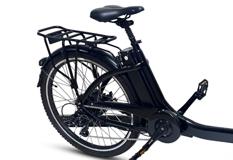 Rear view of an electric bicycle highlighting the battery, cargo rack, and seat.