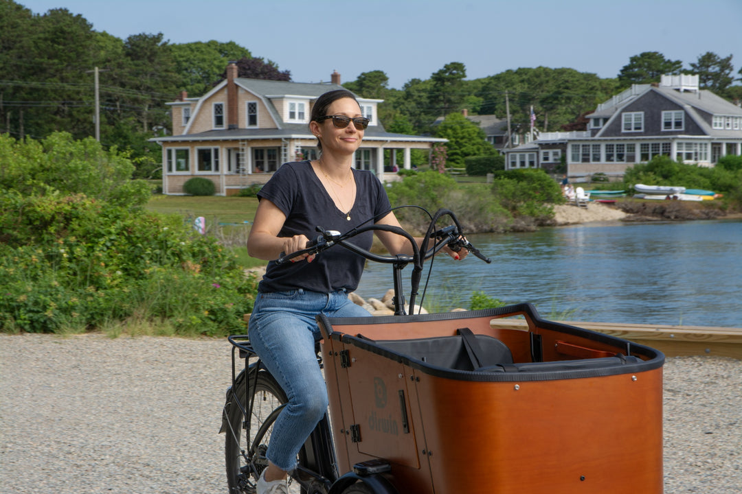 Woman riding a bicycle with a cargo trailer by a waterfront with houses and trees in the background.