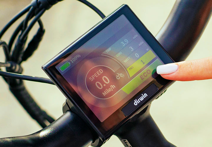 Dirwin electric bike display for charge, speed, modes, trip, and more.