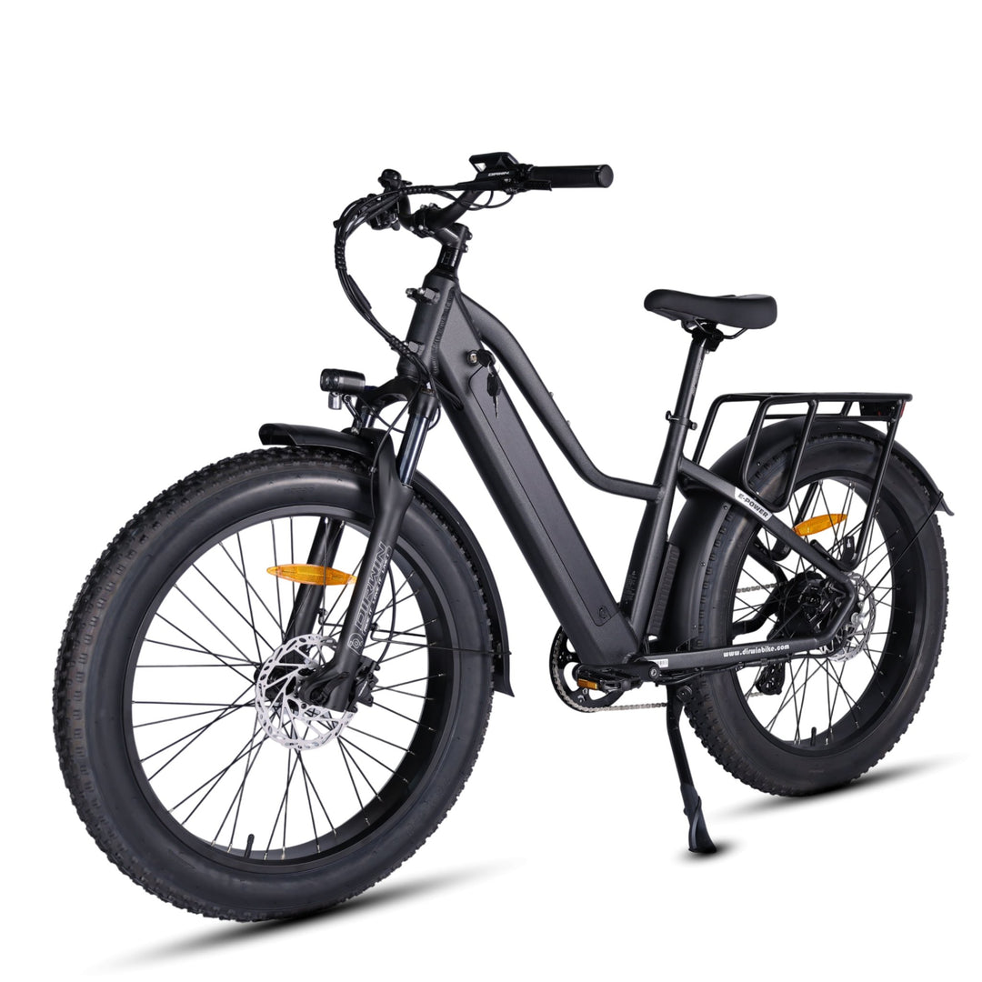 Dirwin Pioneer fat tire electric hunting bike in Charcoal Grey, front left angle view