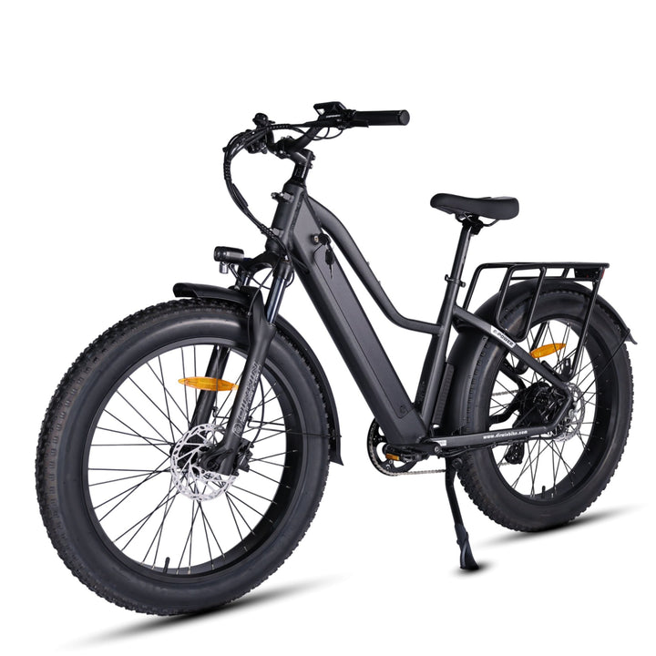 Dirwin Pioneer fat tire electric hunting bike in Charcoal Grey, front left angle view