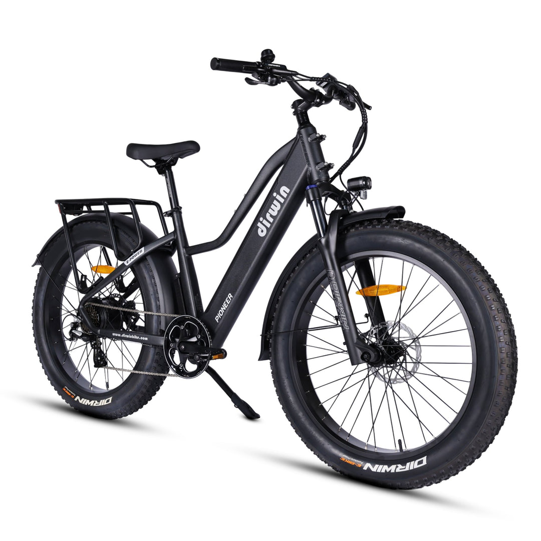 Dirwin Pioneer fat tire electric hunting bike in Charcoal Grey, front right angle view