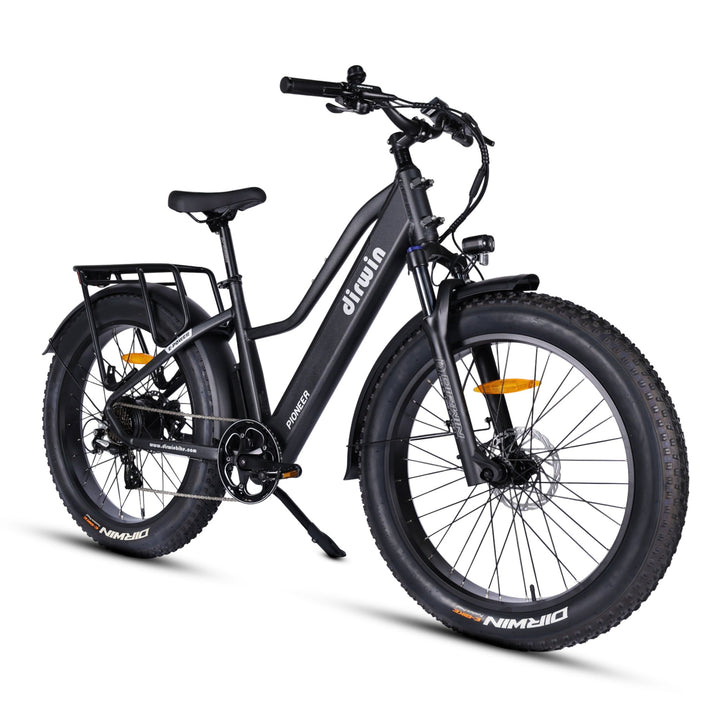 Dirwin Pioneer fat tire electric hunting bike in Charcoal Grey, front right angle view