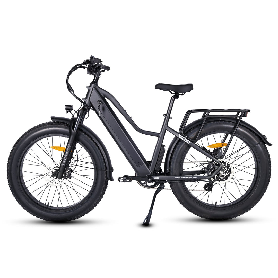Dirwin Pioneer fat tire electric hunting bike in Charcoal Grey, left side view showing the locking frame battery