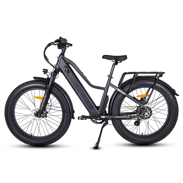 Dirwin Pioneer fat tire electric hunting bike in Charcoal Grey, left side view showing the locking frame battery