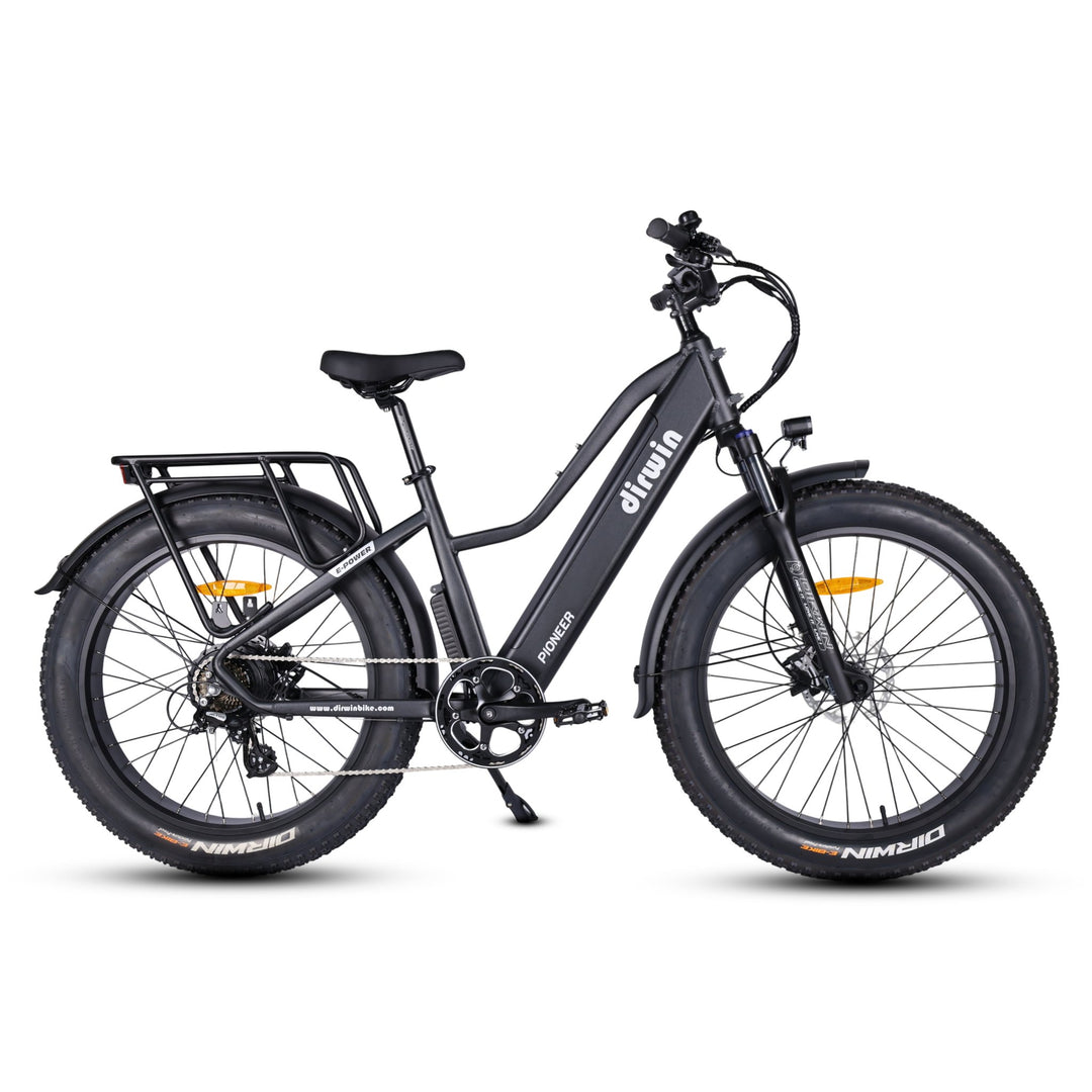 Dirwin Pioneer fat tire electric hunting bike in Charcoal Grey, right side view
