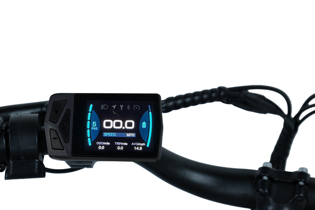 Color LCD display on the Dirwin Pioneer electric bike showing speed, pedal assist level and battery charge