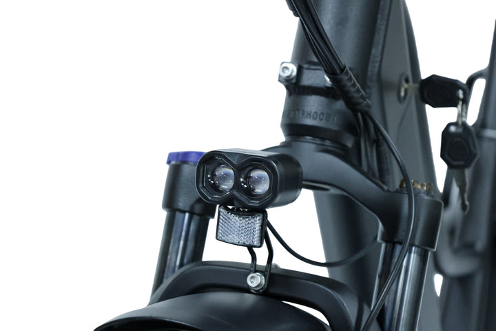 Dual-lens LED headlight mounted above the front fender on the Dirwin Pioneer fat tire electric bike