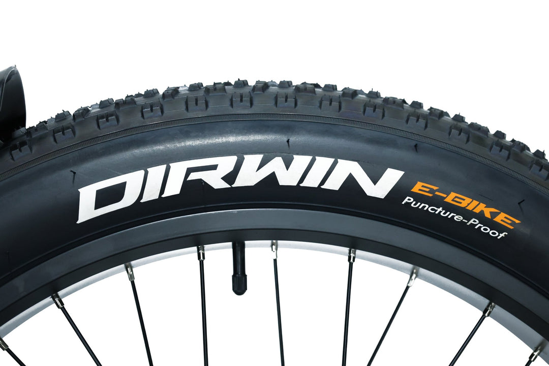 Dirwin puncture-proof 26 x 4.0 inch fat tire on the Pioneer electric hunting bike