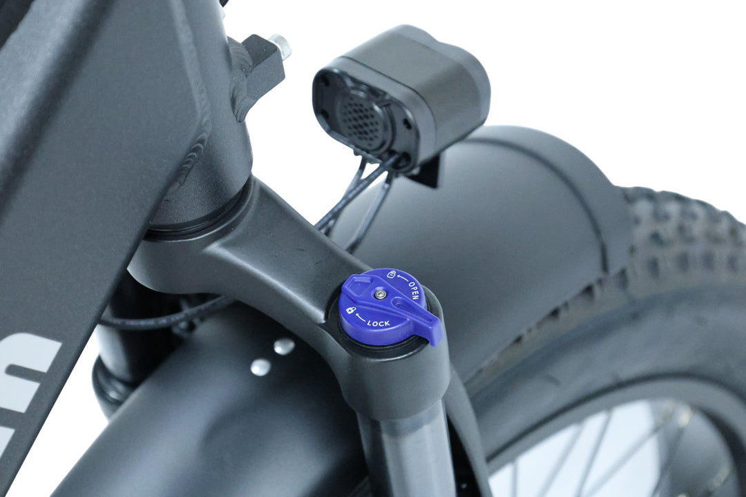 Suspension fork lockout dial on the Dirwin Pioneer fat tire electric hunting bike