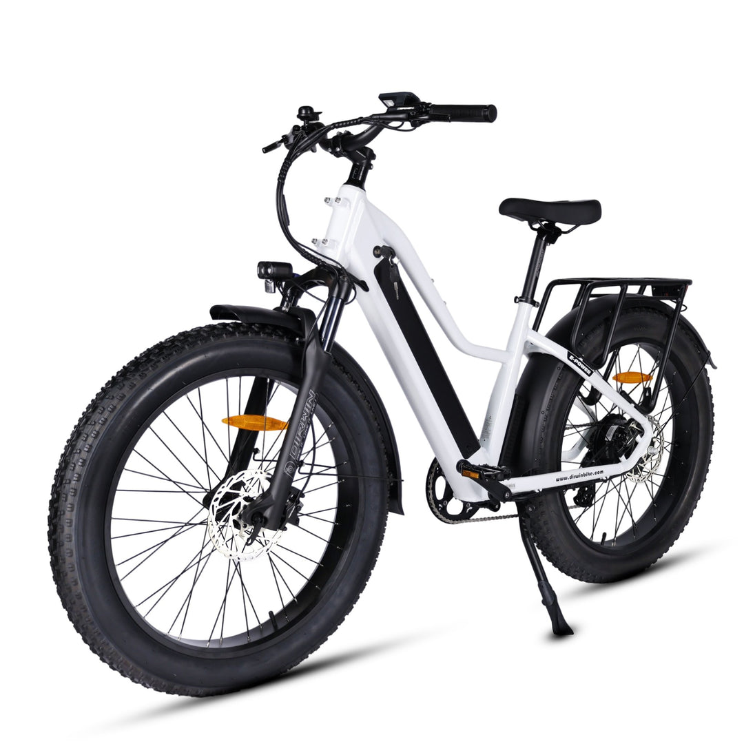 Dirwin Pioneer fat tire electric hunting bike in Tundra White, front left angle view
