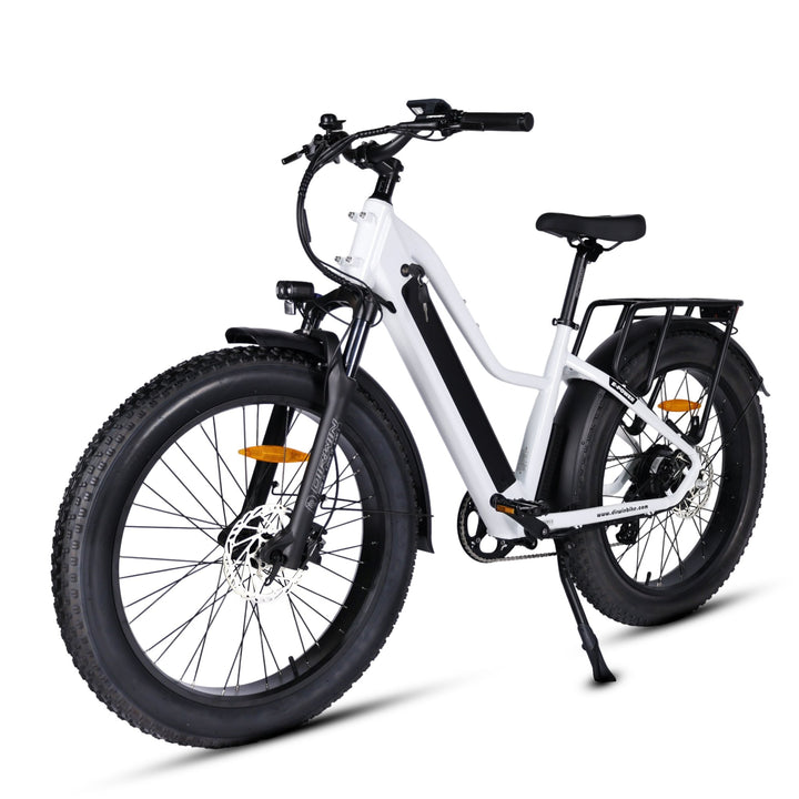 Dirwin Pioneer fat tire electric hunting bike in Tundra White, front left angle view