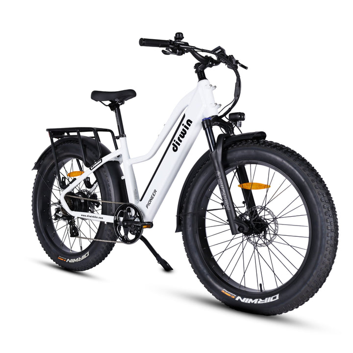 Dirwin Pioneer fat tire electric hunting bike in Tundra White, front right angle view