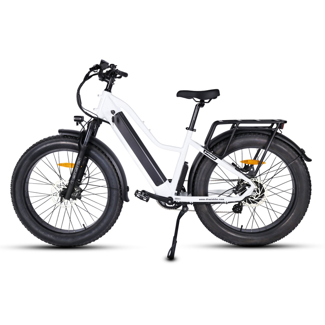 Dirwin Pioneer fat tire electric hunting bike in Tundra White, left side view showing the locking frame battery