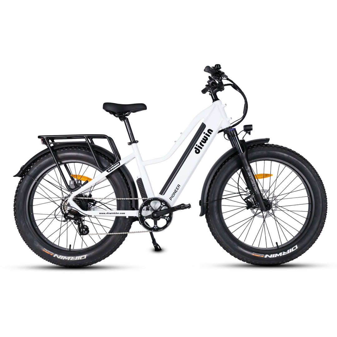 Dirwin Pioneer fat tire electric hunting bike in Tundra White, right side view