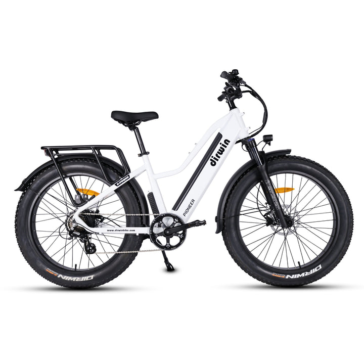 Dirwin Pioneer fat tire electric hunting bike in Tundra White, right side view