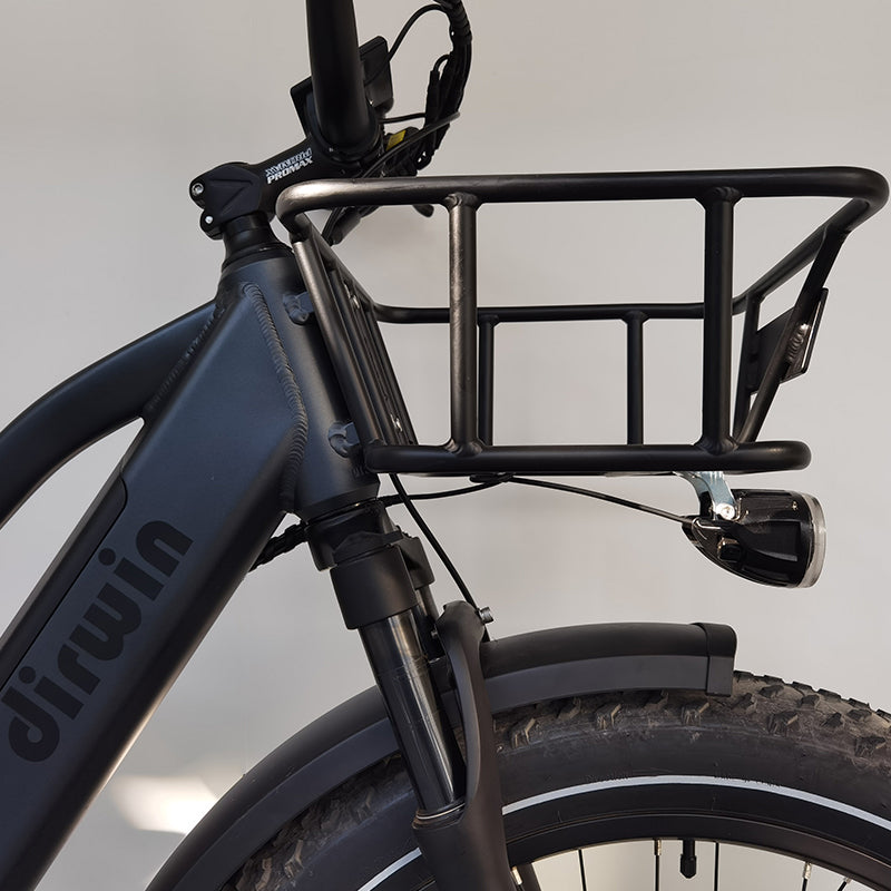 Dirwin Bike Front-Mounted Basket,Material: Aluminum Dimensions : L 14.3" x W 12.2" x H 6.0" Applicable ： Seeker / pioneer Maxload: 35lbs Weight: 1kg